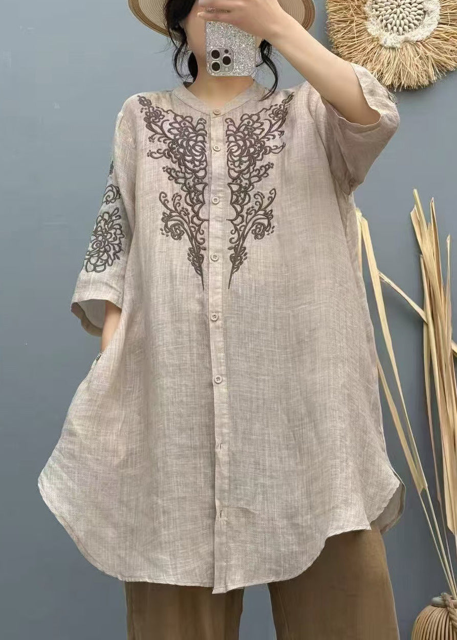 Apricot Embroidered Linen Long Shirt Summer