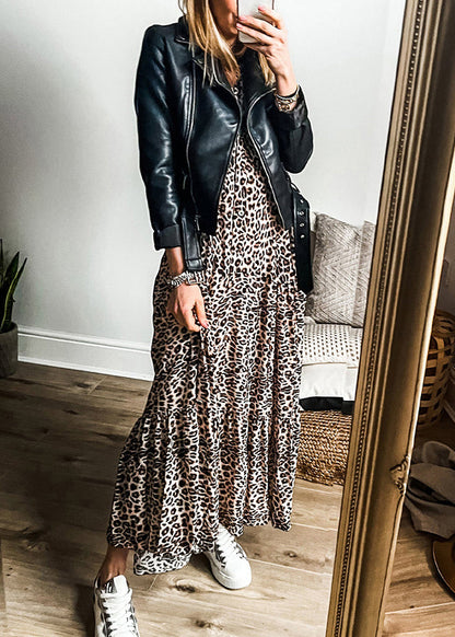 Leopard V Neck Patchwork Maxi Dress Fall