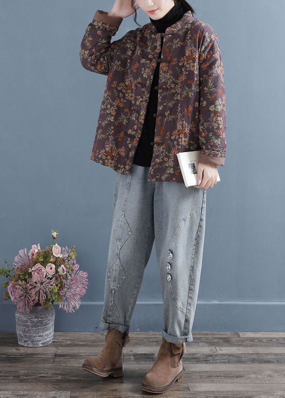Red Stand Collar Print Oriental Button Fine Cotton Filled Jacket in Winter