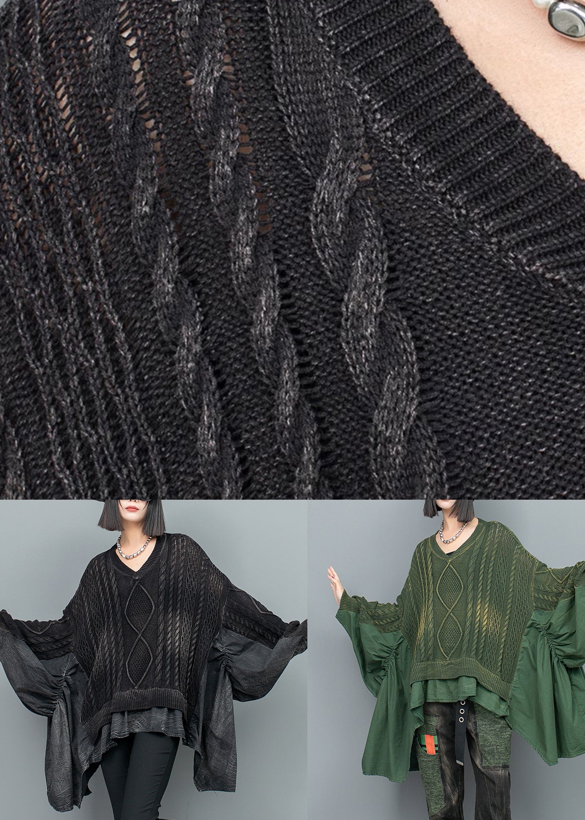 Black V Neck Patchwork Knit Sweater Batwing Sleeve