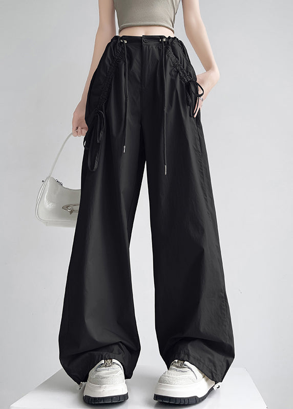 New Yellow Pockets Drawstring High Waist Cotton Pants Spring
