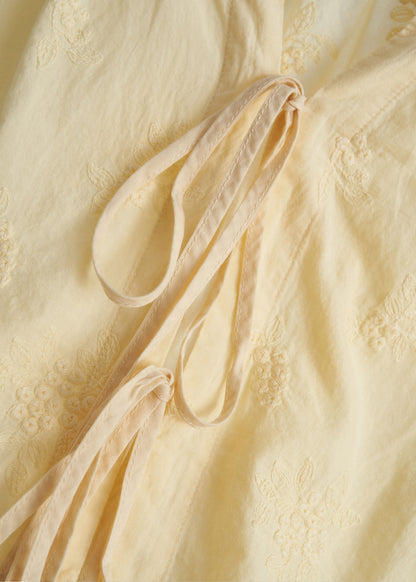 Yellow Embroidered Lace Up Cotton Shirt Top Fall