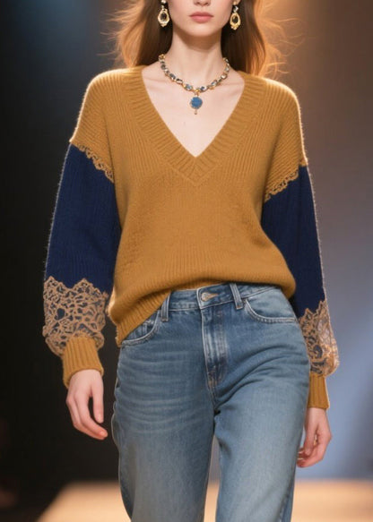 Italian Brown V Neck Patchwork Thick Sweater Tops Winter