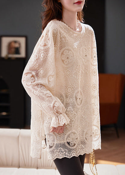 Apricot Embroidered Hollow Out Chiffon Top Flare Sleeve