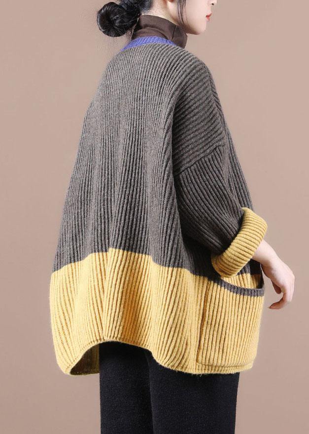 Dark Grey Pockets Colorblock Button Fall Sweater Jackets