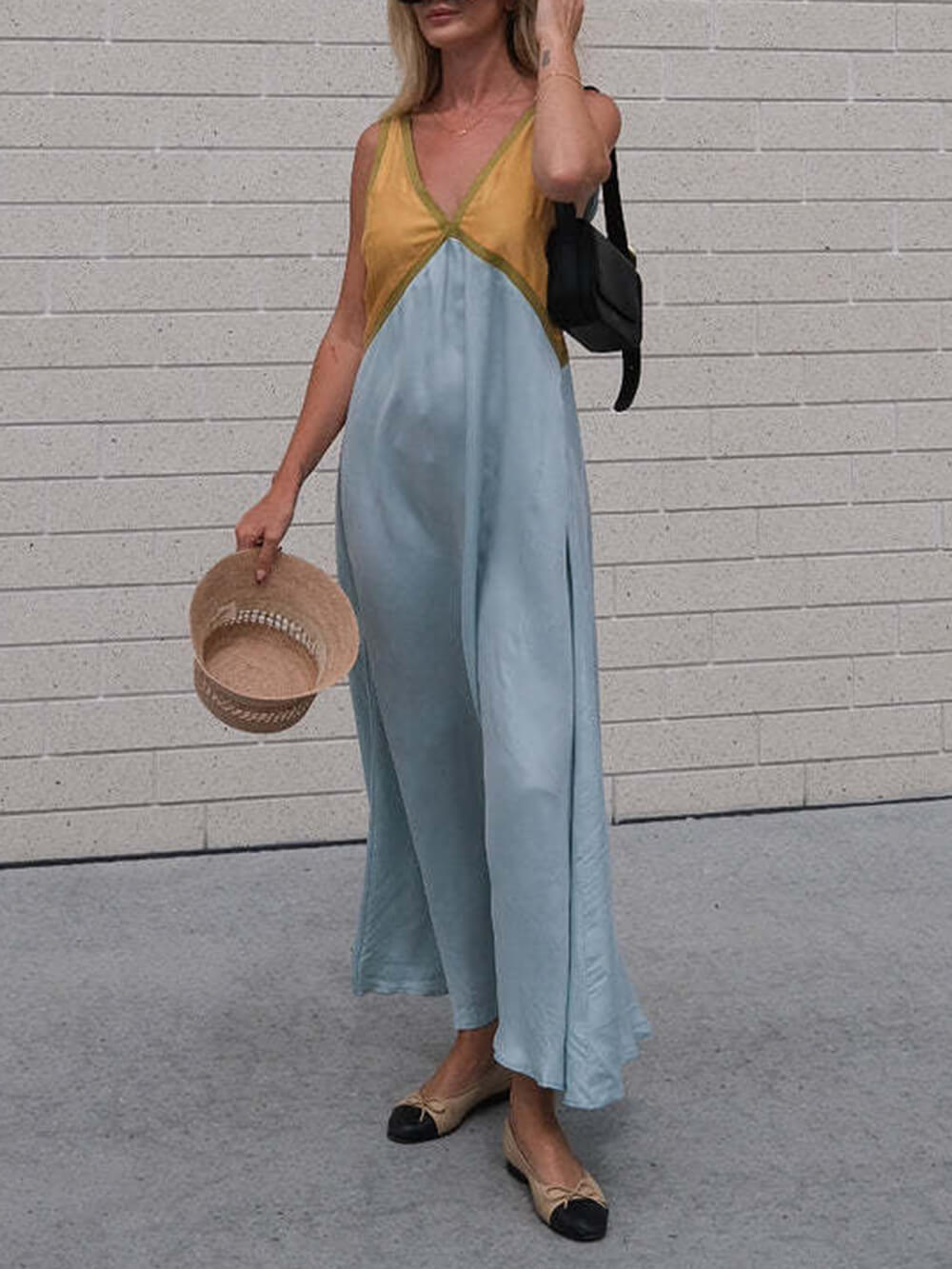 V-neck Contrasting Color Splicing Dress
