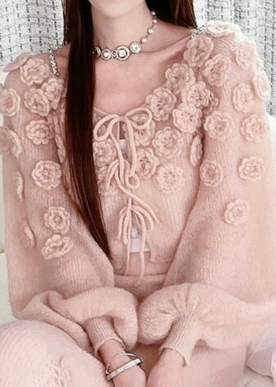 Pink Lace Up Knit Sweaters Fall