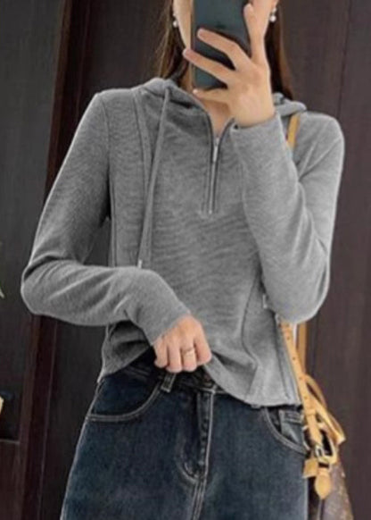 Grey Hooded Zippered Cotton T Shirt Spring