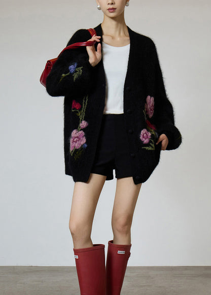 Black V Neck Embroidered Knit Coat Fall