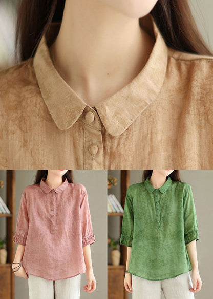 New Khaki Button Print Linen Shirt Summer