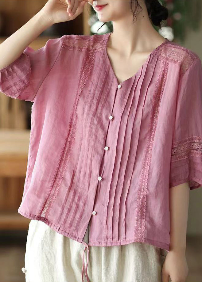 Rose V Neck Wrinkled Patchwork Linen Shirt Top Summer