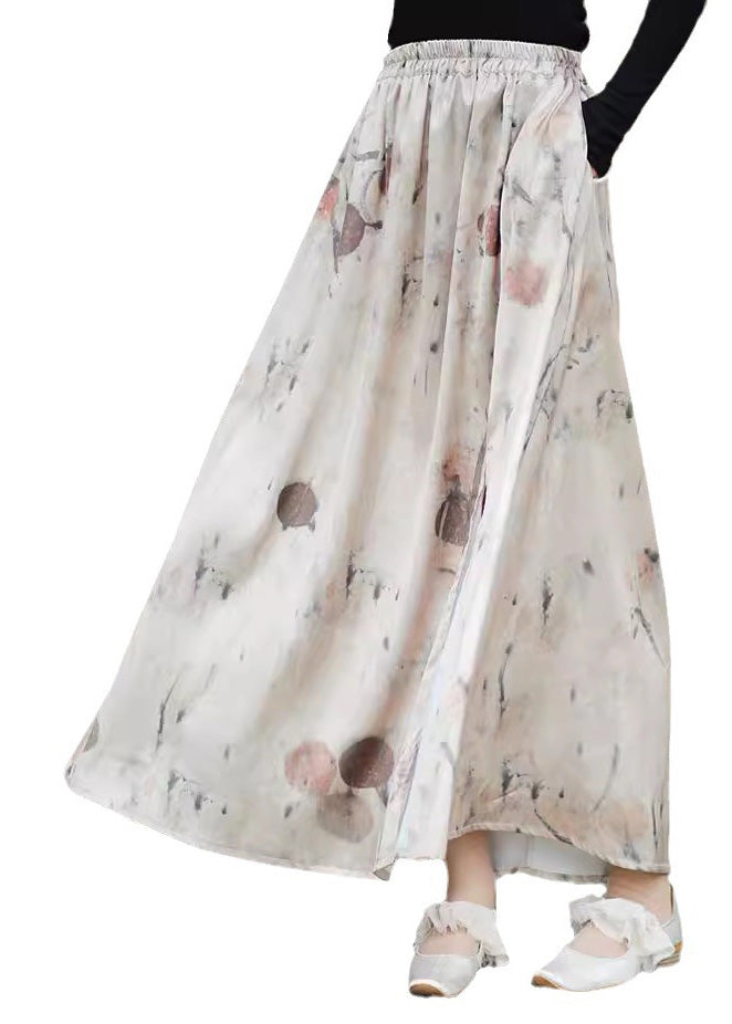 New Print Pockets Elastic Waist Silk Skirts Summer