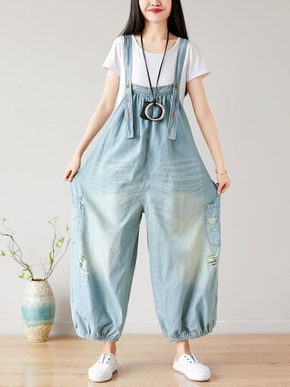 Summer Retro Frayed Washed Denim Jumpsuits