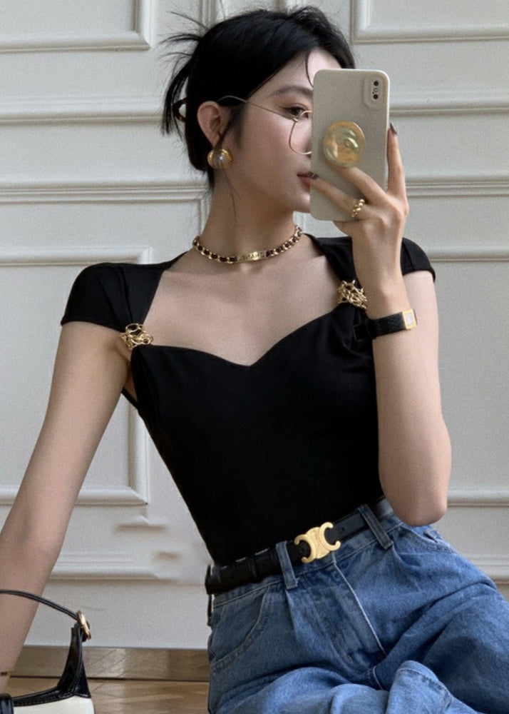 French Black Square Collar Short Top for Summer