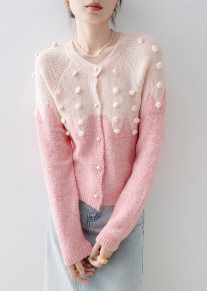 Pink O Neck Fuzzy Ball Decorated Knit Cardigans Spring