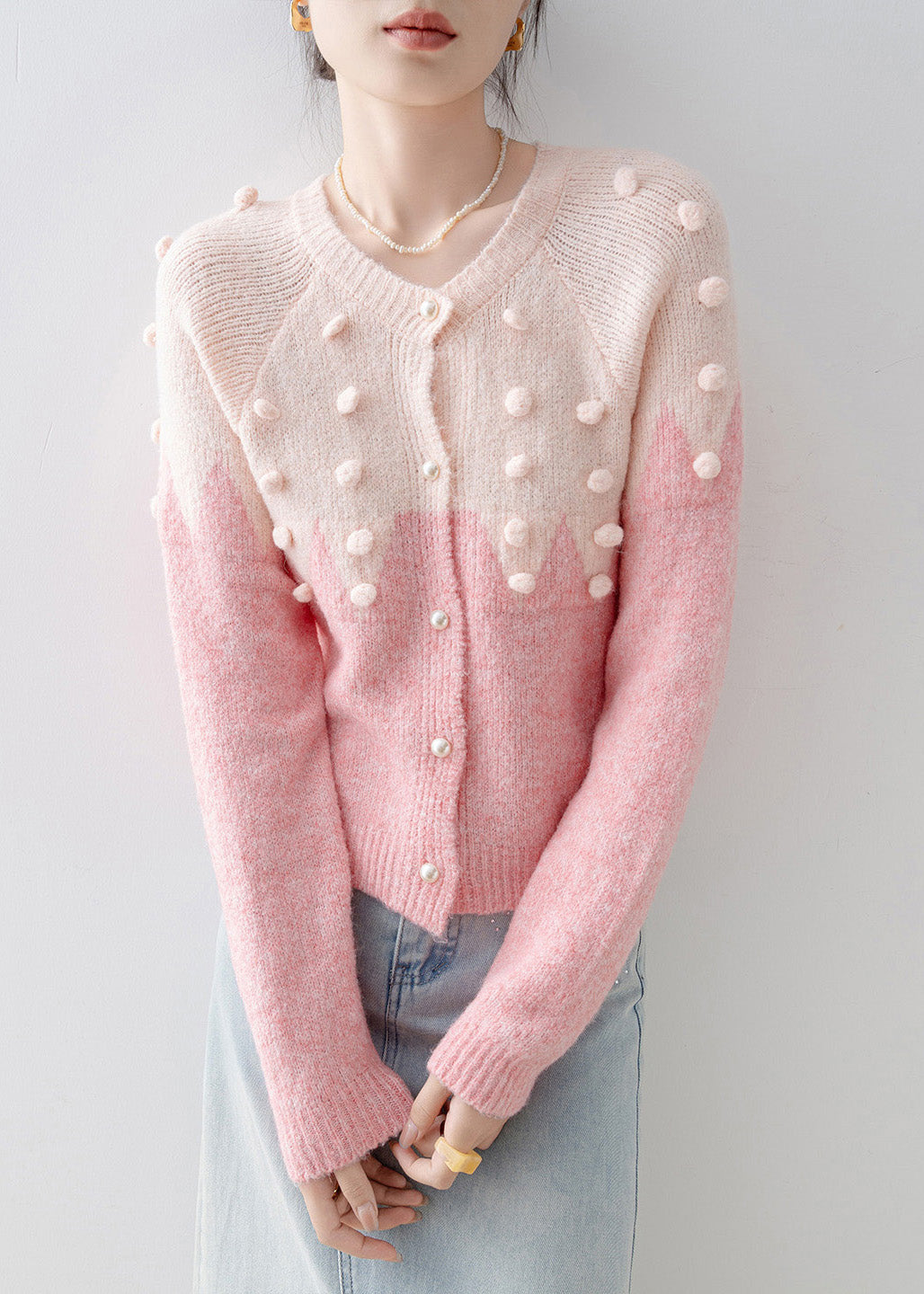 Pink O Neck Fuzzy Ball Decorated Knit Cardigans Spring