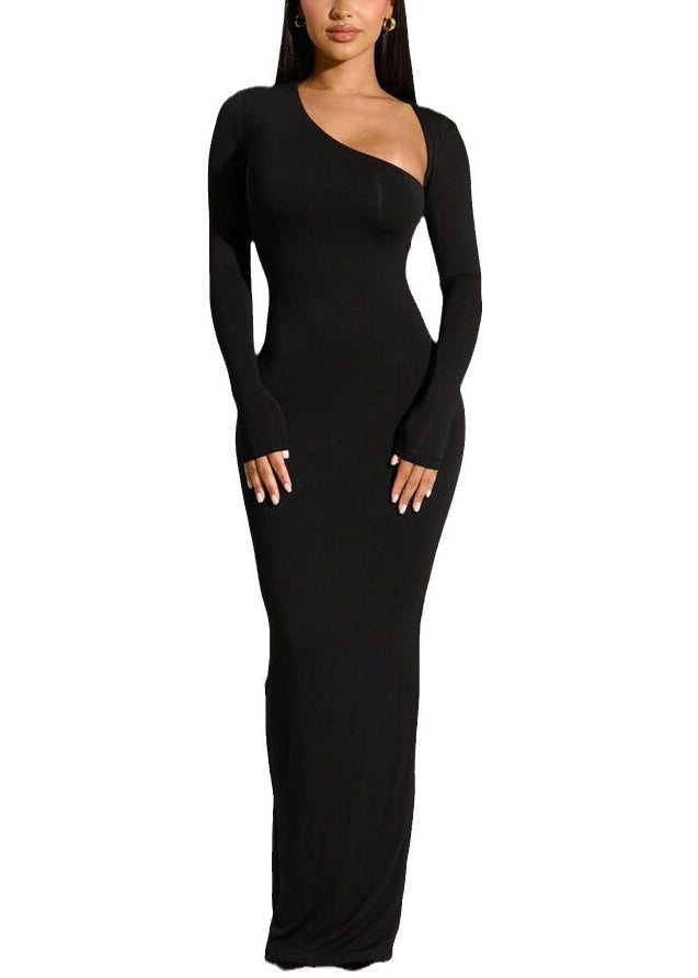 Italian Black Slash Neck Slim Fit Cotton Long Dress Spring
