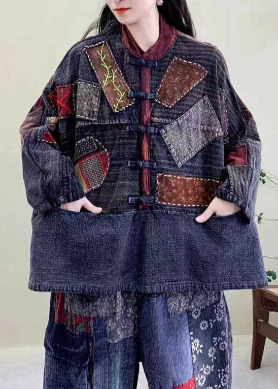 Blue Patch Pockets Oriental Button Cotton Jackets Spring