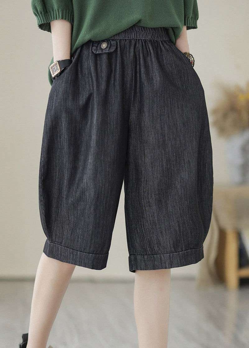 Simple Black Elastic Waist Pockets Cotton Shorts Summer