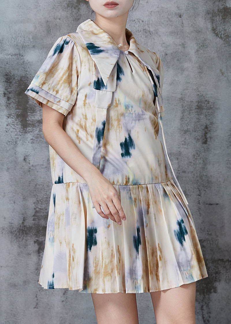White Peter Pan Collar Tie Dye Cotton Pleated Dresses Summer