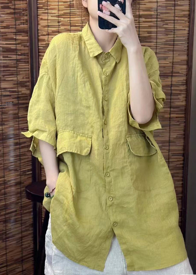 Red Oversized Pockets Linen Blouses Summer