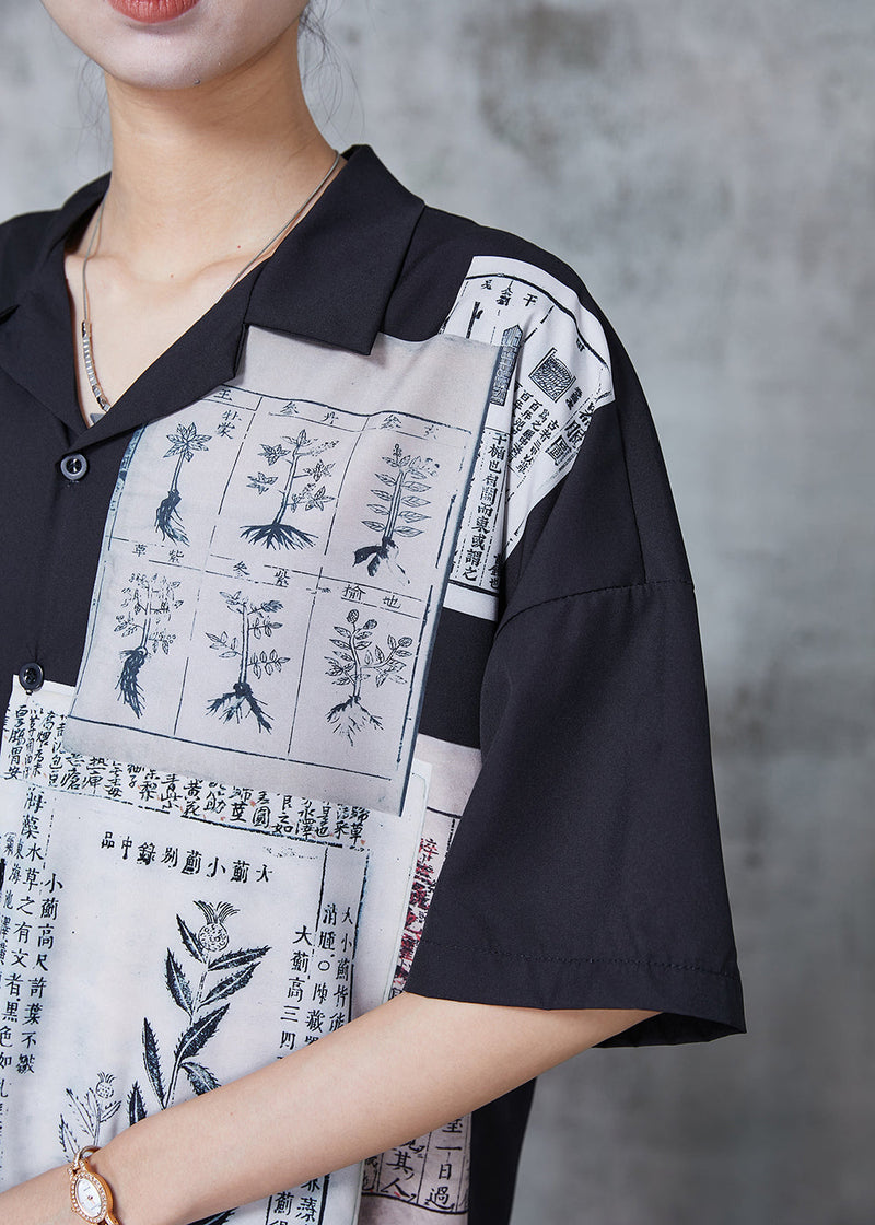 Handmade Black Oversized Print Chiffon Blouses Summer