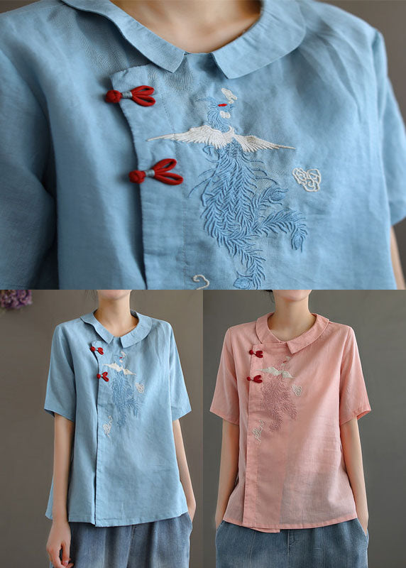 Blue Oriental Linen Shirts Button Short Sleeve