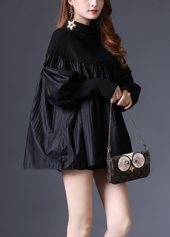 Black Turtleneck Knit Patchwork Cotton Sweater Long Sleeve