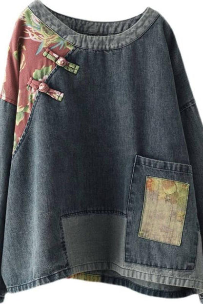 Retro Stitching Patchwork Print Denim Sweatshirt