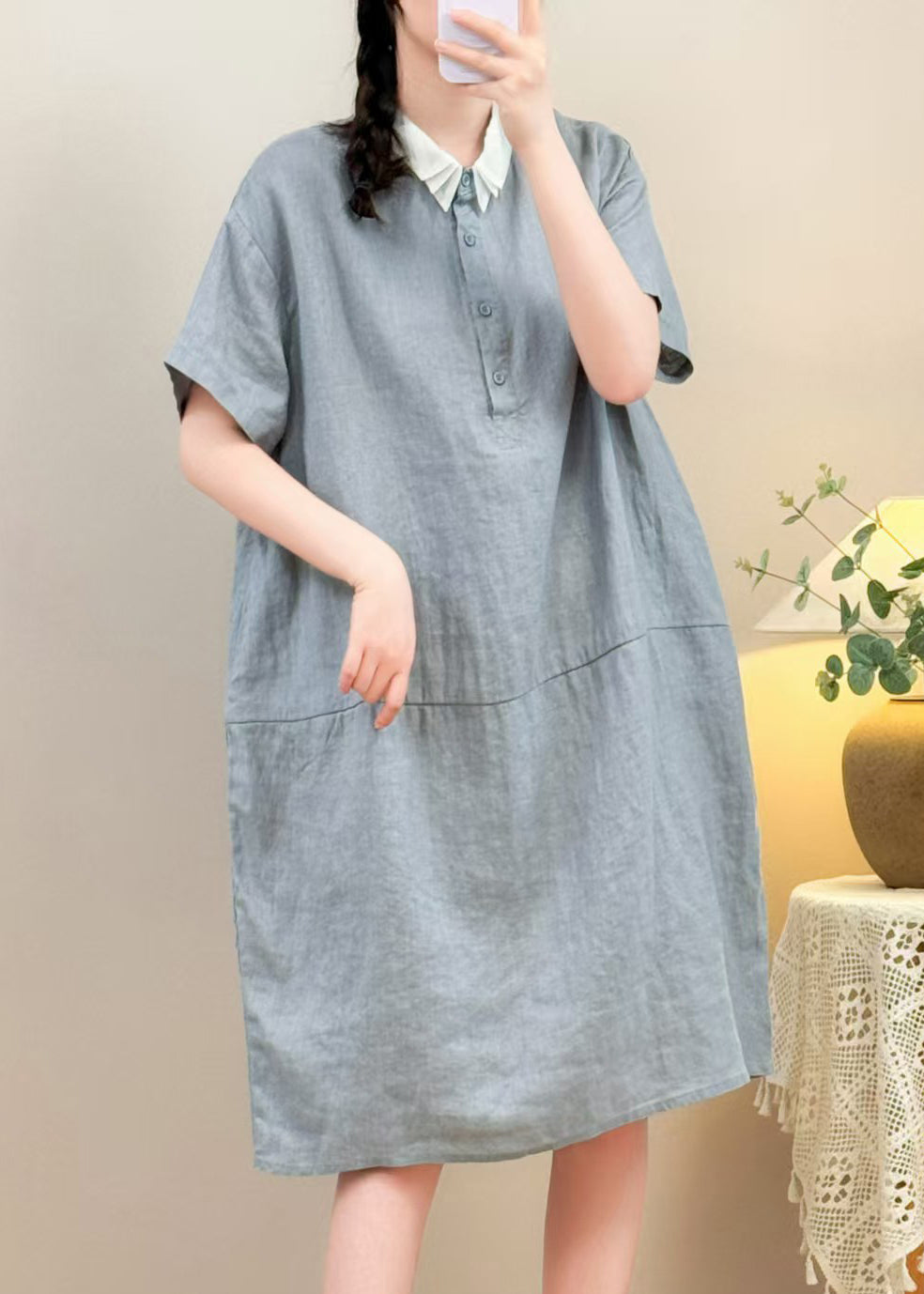 Purple Button Pockets Cotton Summer Dresses Peter Pan Collar