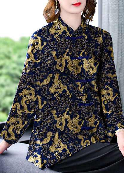 Original Black Mandarin Collar Button Print Silk Coats Long Sleeve