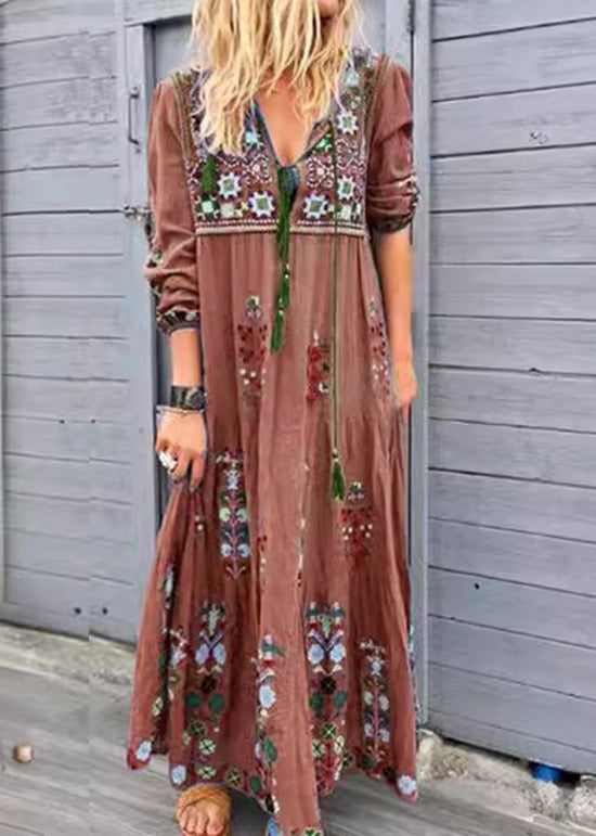 Blue V Neck Print Patchwork Cotton Long Dresses Spring