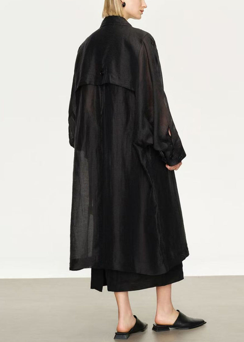 New Black Button Pockets Linen Silk Long Trench Coat Batwing Sleeve