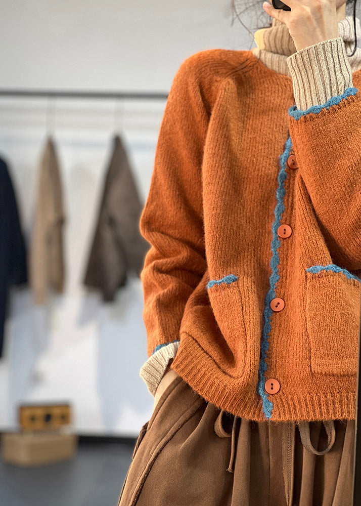 Orange Button Pockets Woolen Coats Fall