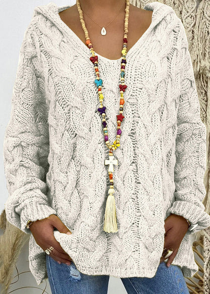 Blue V Neck Hooded Loose Knit Sweaters Fall