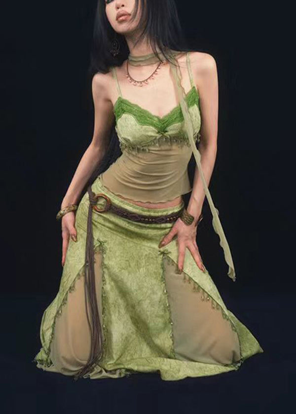 Green Tie Dyed Suspender Top and Skirt Two Piece Set Summer
