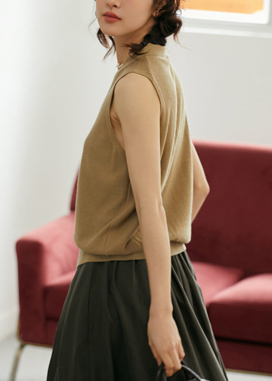 Khaki V Neck Button Woolen Vest Tops Sleeveless