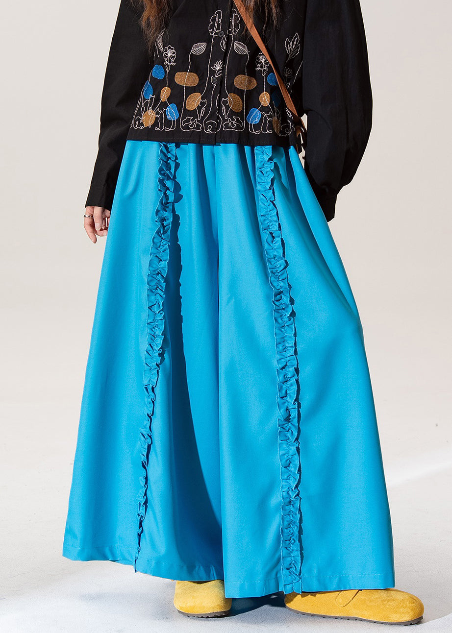 Blue Ruffled Elastic Waist Cotton Pants Fall