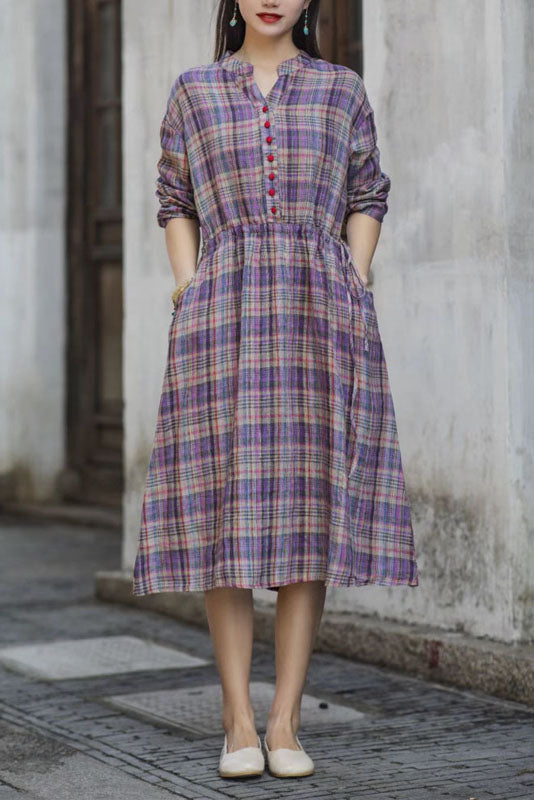 -new Cotton Linen Plaid Dress Long Skirt