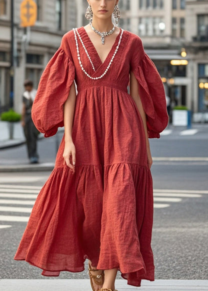 Red Nail Bead Exra Large Hem Cotton Dress Fall