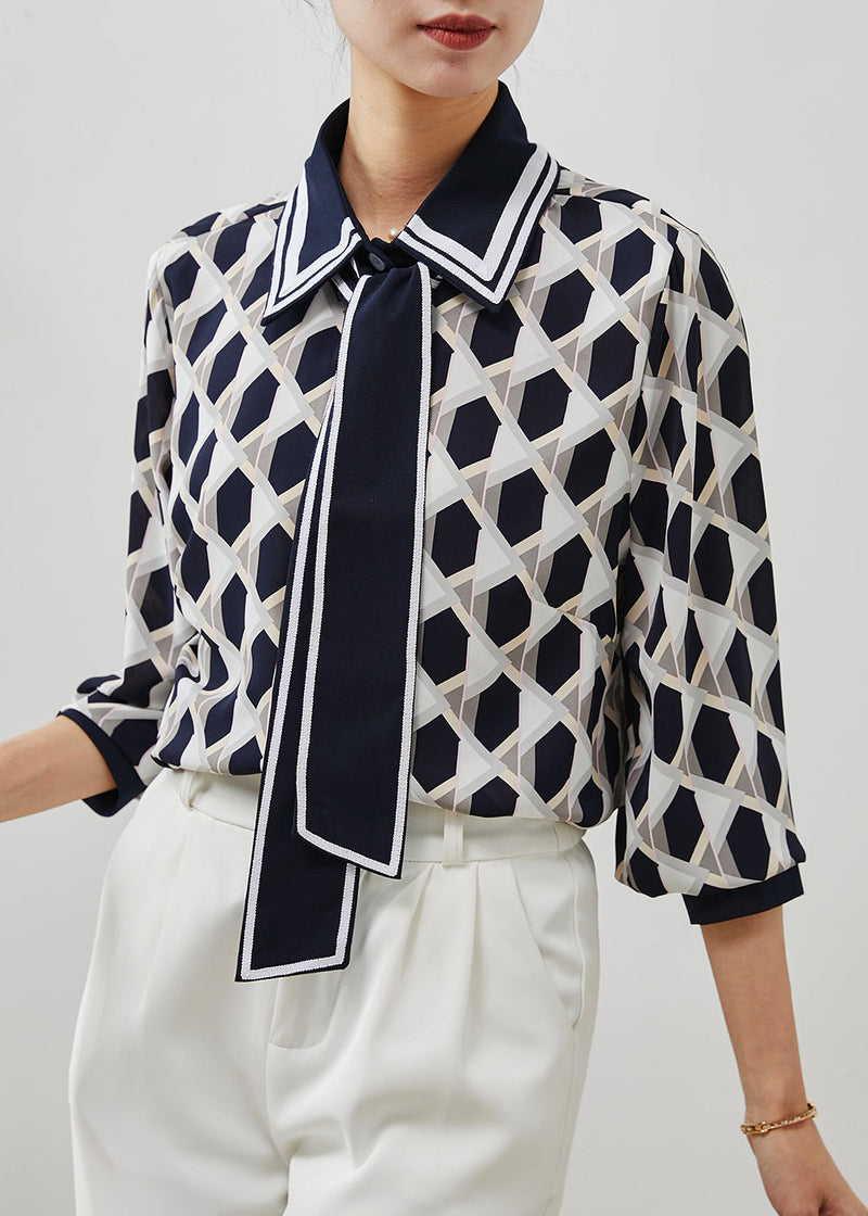 Navy Peter Pan Collar Print Chiffon Blouses Summer