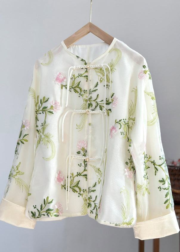 Green Embroidered Button Organza Shirts Fall