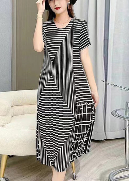 White O Neck Striped Wrinkled Silk Dresses Summer