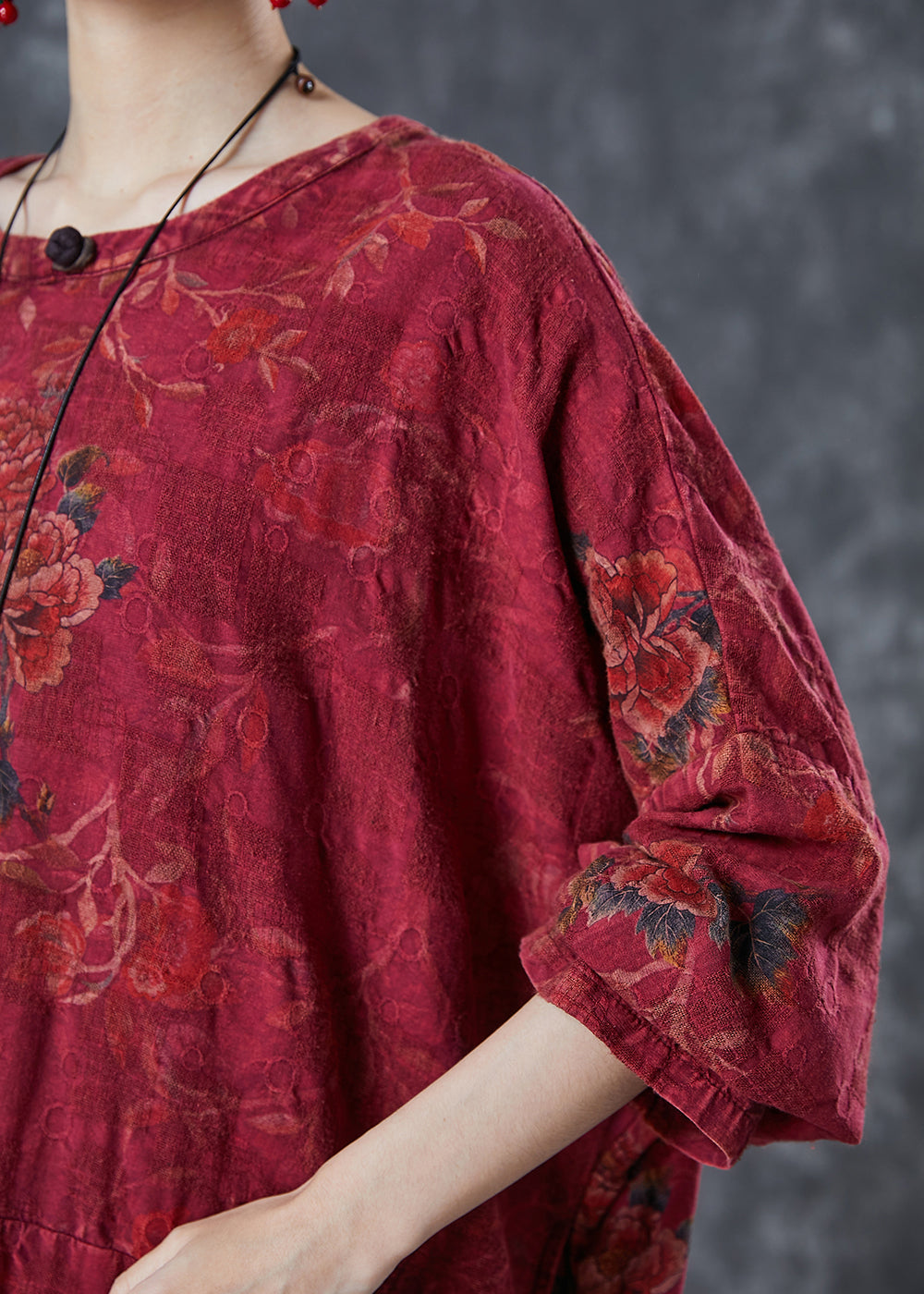 Red Oversized Print Linen Oriental Dress Fall