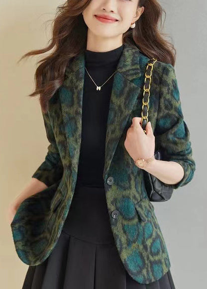 Green Leopard Print Woolen Coats Spring