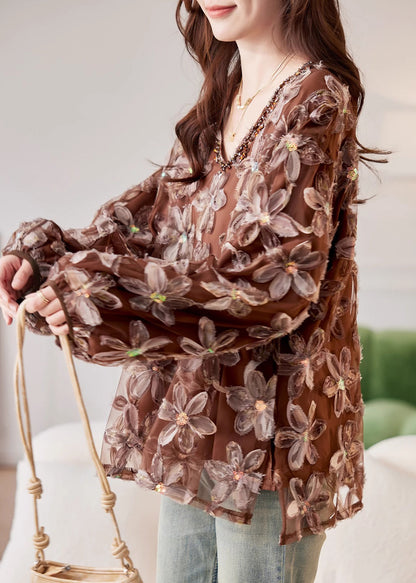 Handmade Coffee Nail Bead Sequins Chiffon Shirt Spring