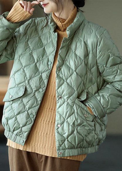 Light Green Stand Collar Pockets Button Winter Down Coat
