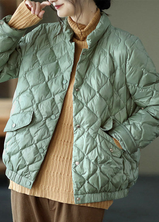 Light Green Stand Collar Pockets Button Winter Down Coat