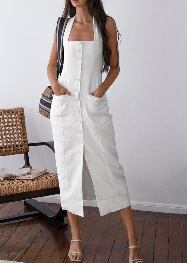 White Halter Pockets Button Backless Cotton Dresses Summer