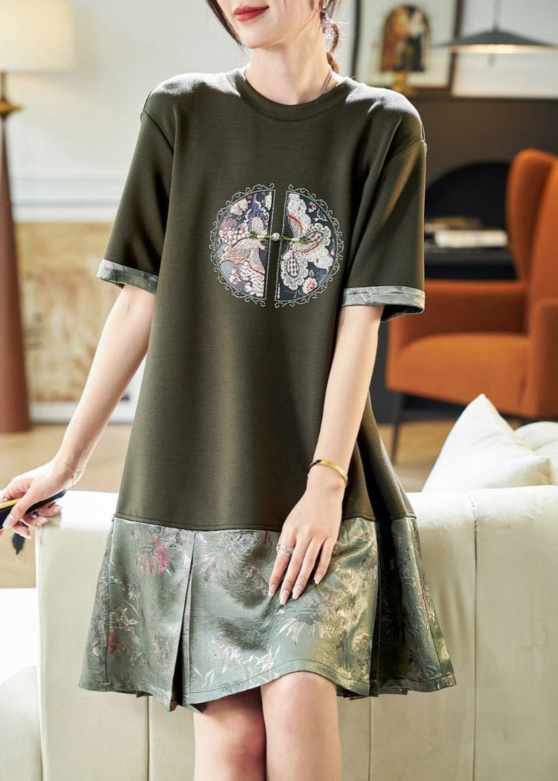 Boutique Blackish Green O Neck Jacquard Patchwork Cotton Dress Summer